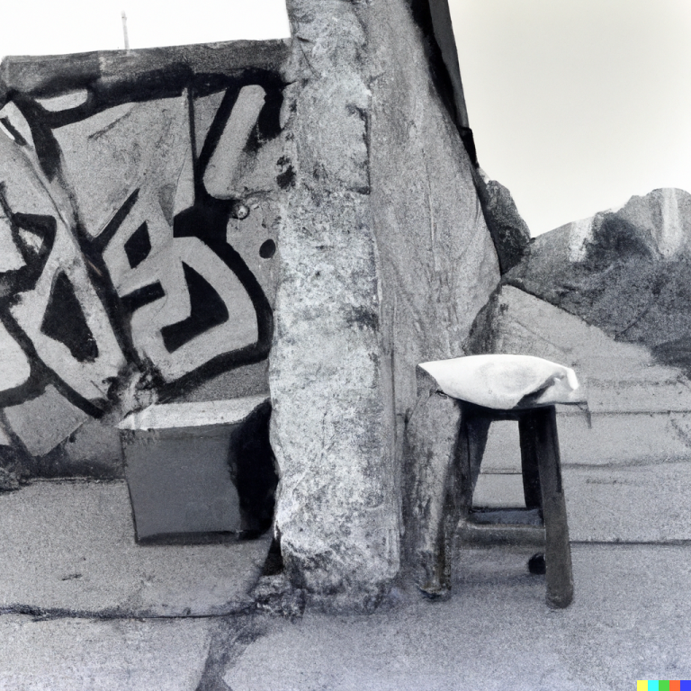 Gritty 1980s-style image of a stool near the Berlin Wall